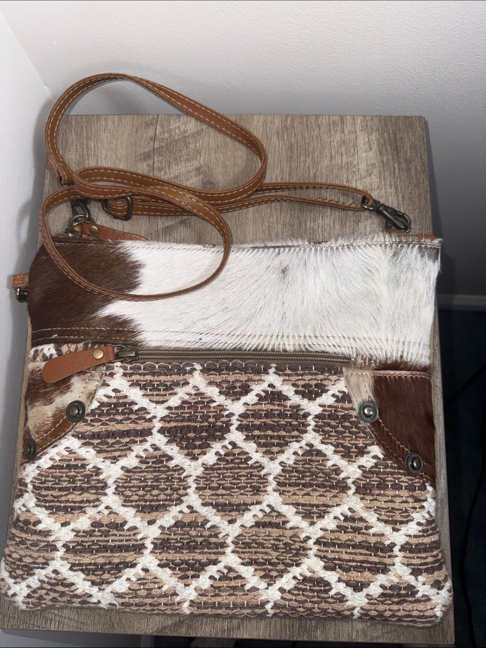 Myra Bag Brown & White Cowhide Crossbody Bag - Boho Patterned Women’s Purse